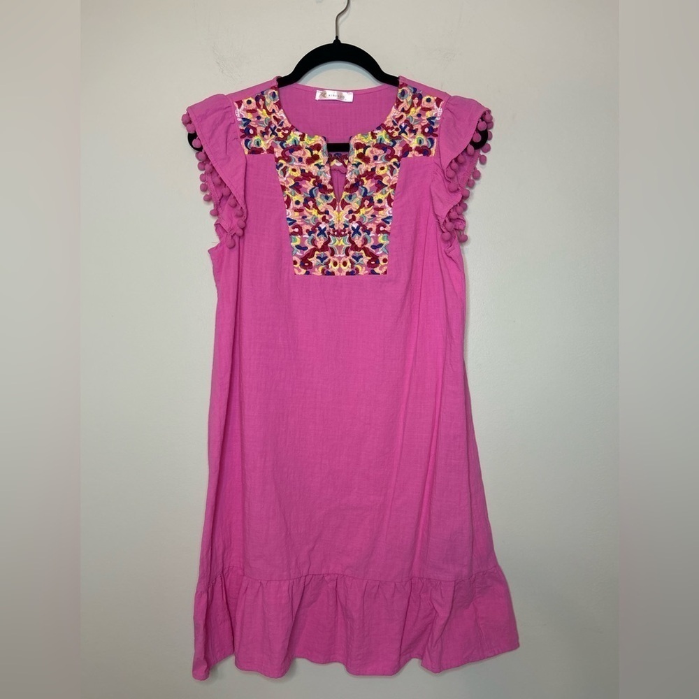 Hot Pink Baby Doll Ruffle Sleeve Embroidered Dress Size S - Picture 5 of 9